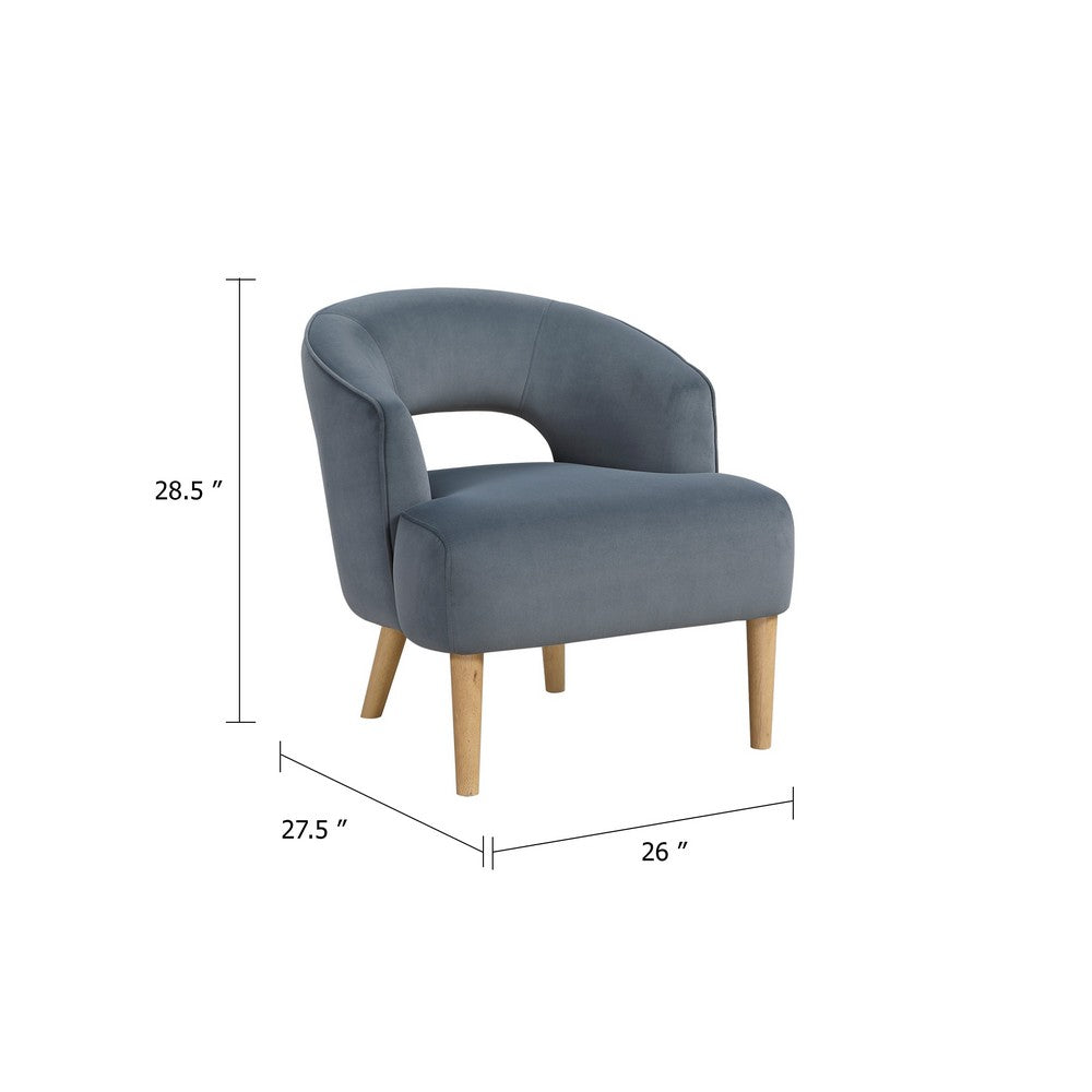 Benjara Dora Accent Chair, Open Barrel Back, Dark Gray Velvet, Light Brown Legs