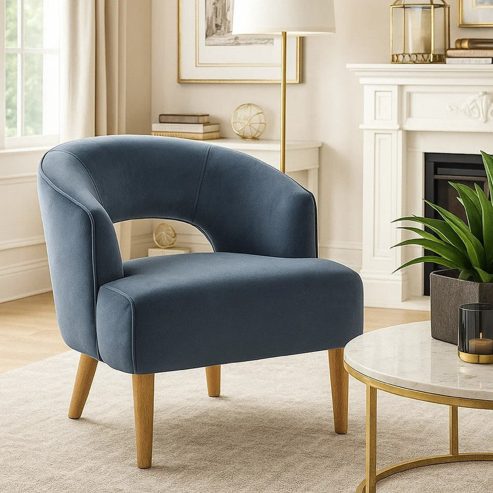 Benjara Dora Accent Chair, Open Barrel Back, Dark Gray Velvet, Light Brown Legs