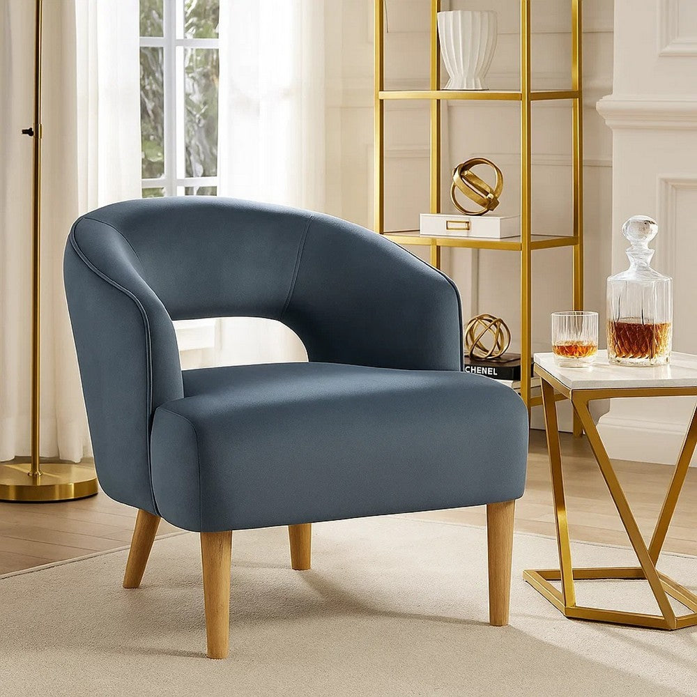 Benjara Dora Accent Chair, Open Barrel Back, Dark Gray Velvet, Light Brown Legs
