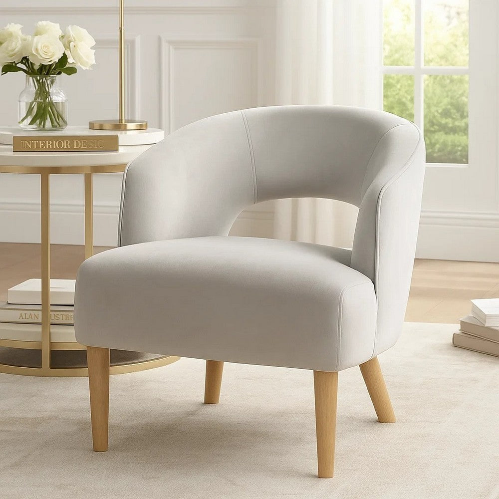 Benjara Dora Accent Chair, Open Barrel Back, Gray Velvet, Light Brown Legs