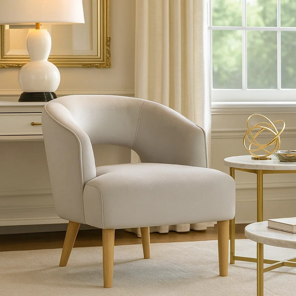 Benjara Dora Accent Chair, Open Barrel Back, Gray Velvet, Light Brown Legs