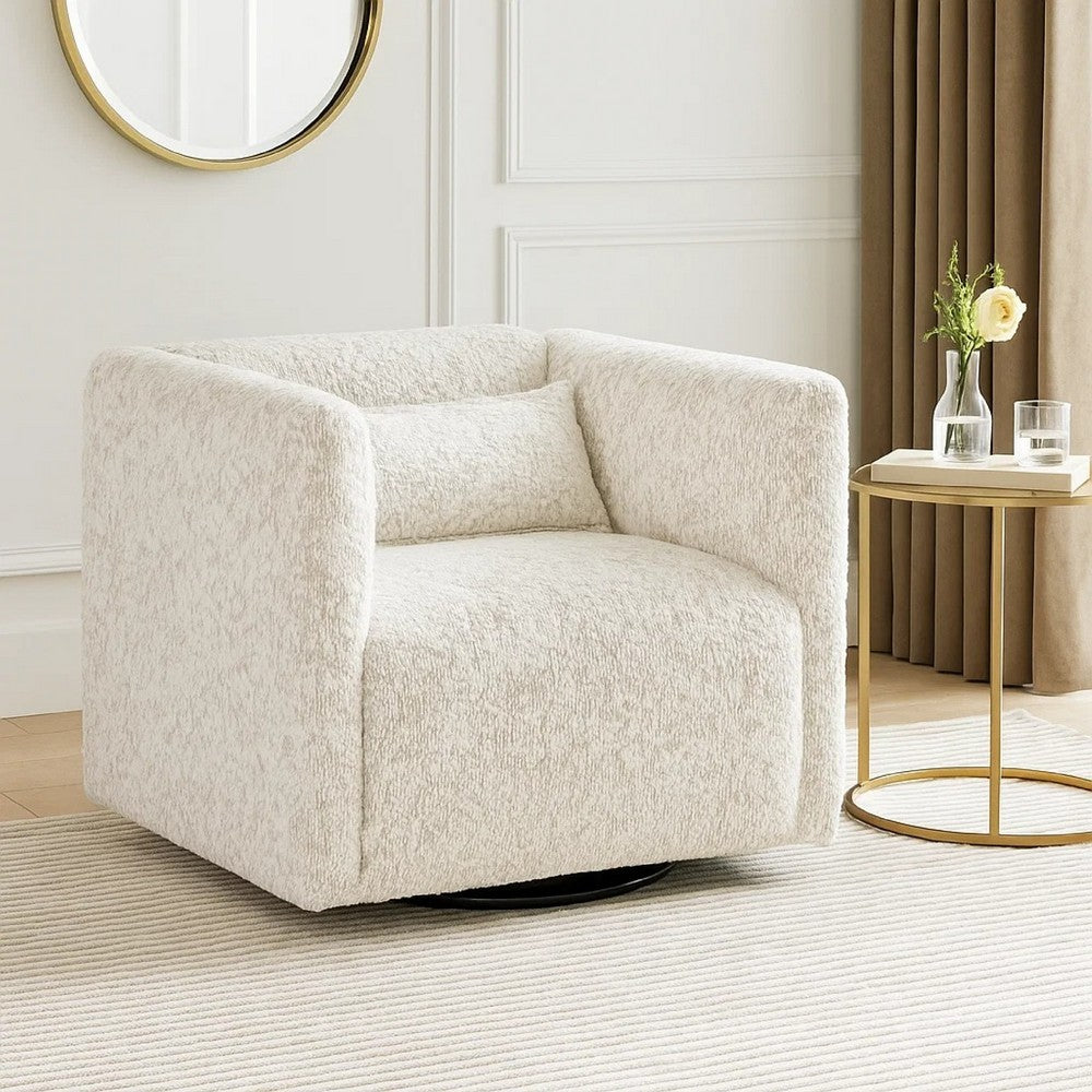 Benjara Veena Swivel Cube Chair with Lumbar Pillow, Foam Cushions, Beige Jacquard