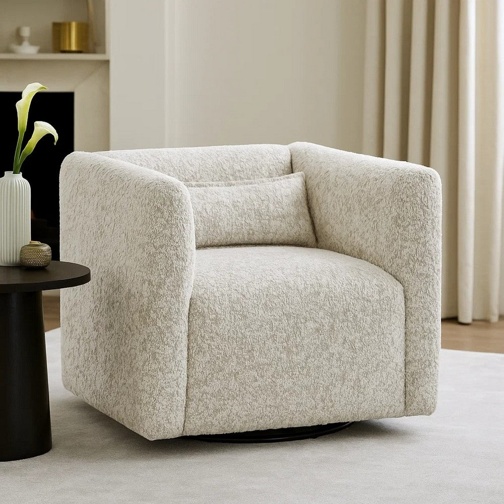 Benjara Veena Swivel Cube Chair with Lumbar Pillow, Foam Cushions, Beige Jacquard