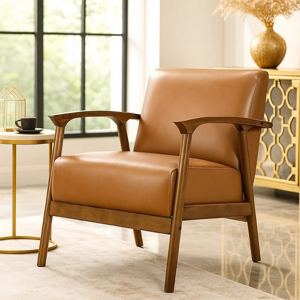 Benjara Eva Accent Chair, Foam Fill Cushions, Brown Faux Leather And Wood Frame