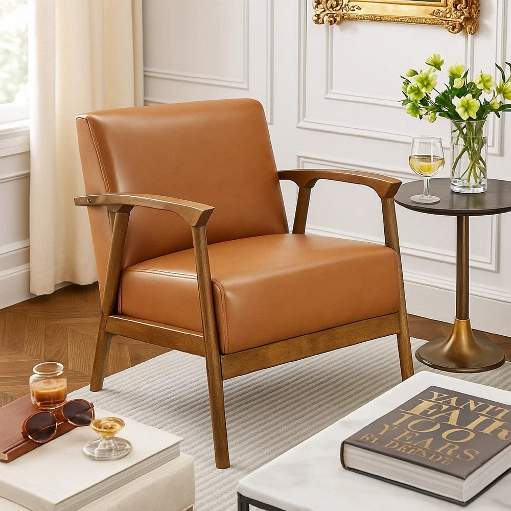 Benjara Eva Accent Chair, Foam Fill Cushions, Brown Faux Leather And Wood Frame