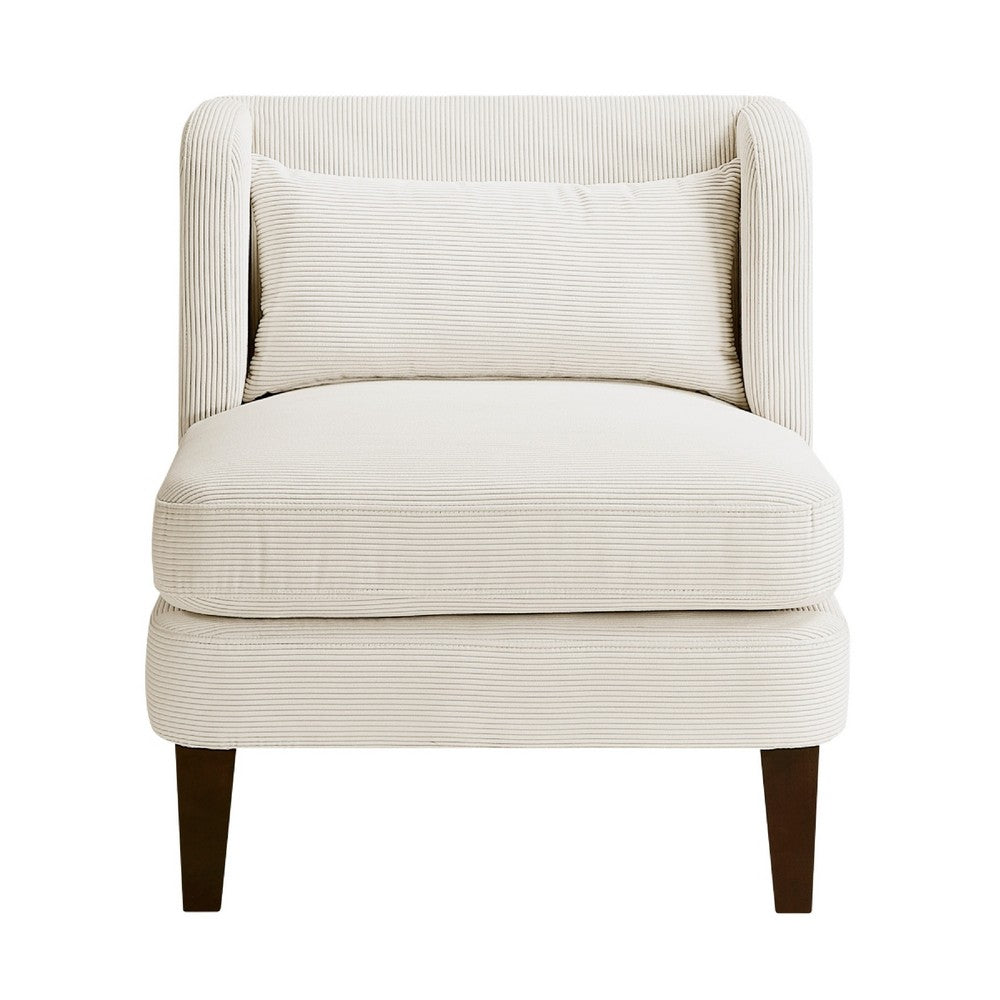 Benjara Feya Accent Chair w Lumbar Pillow, Channeled Beige Corduroy, Brown Legs