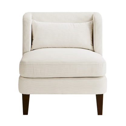 Benjara Feya Accent Chair w Lumbar Pillow, Channeled Beige Corduroy, Brown Legs
