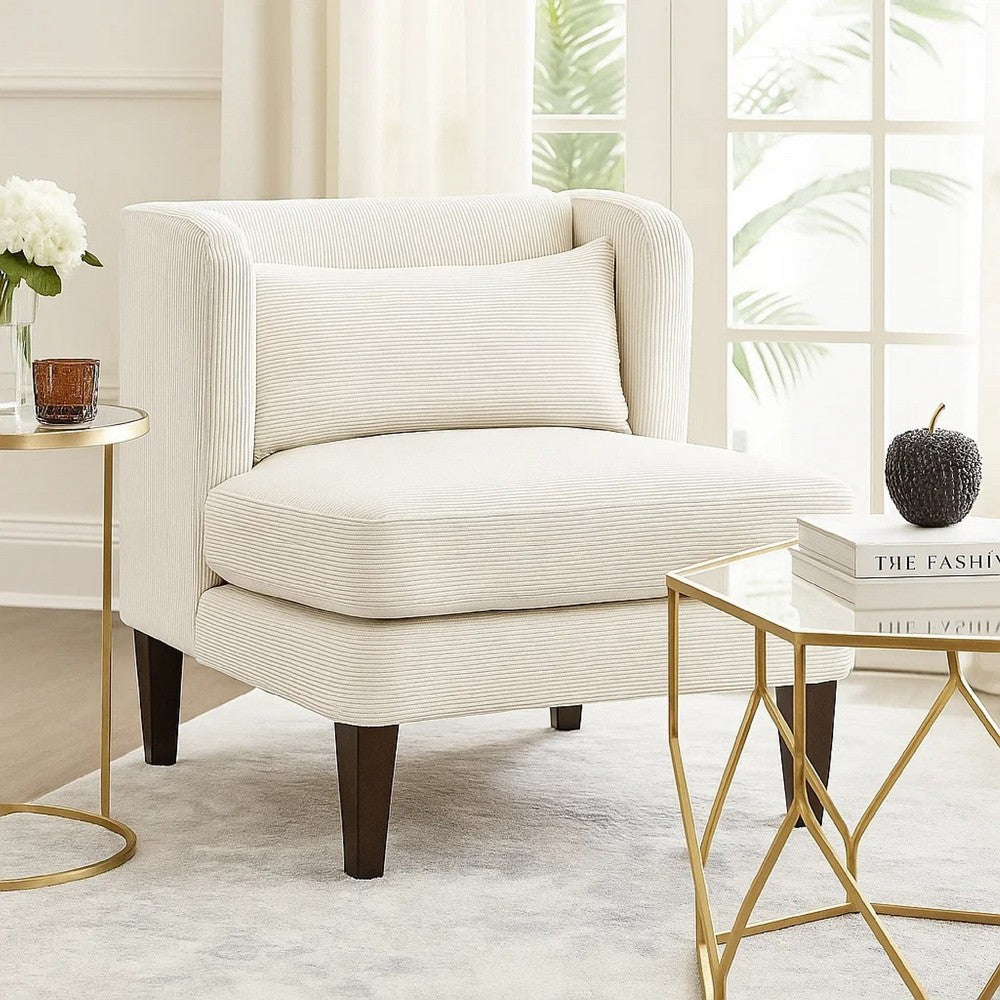 Benjara Feya Accent Chair w Lumbar Pillow, Channeled Beige Corduroy, Brown Legs