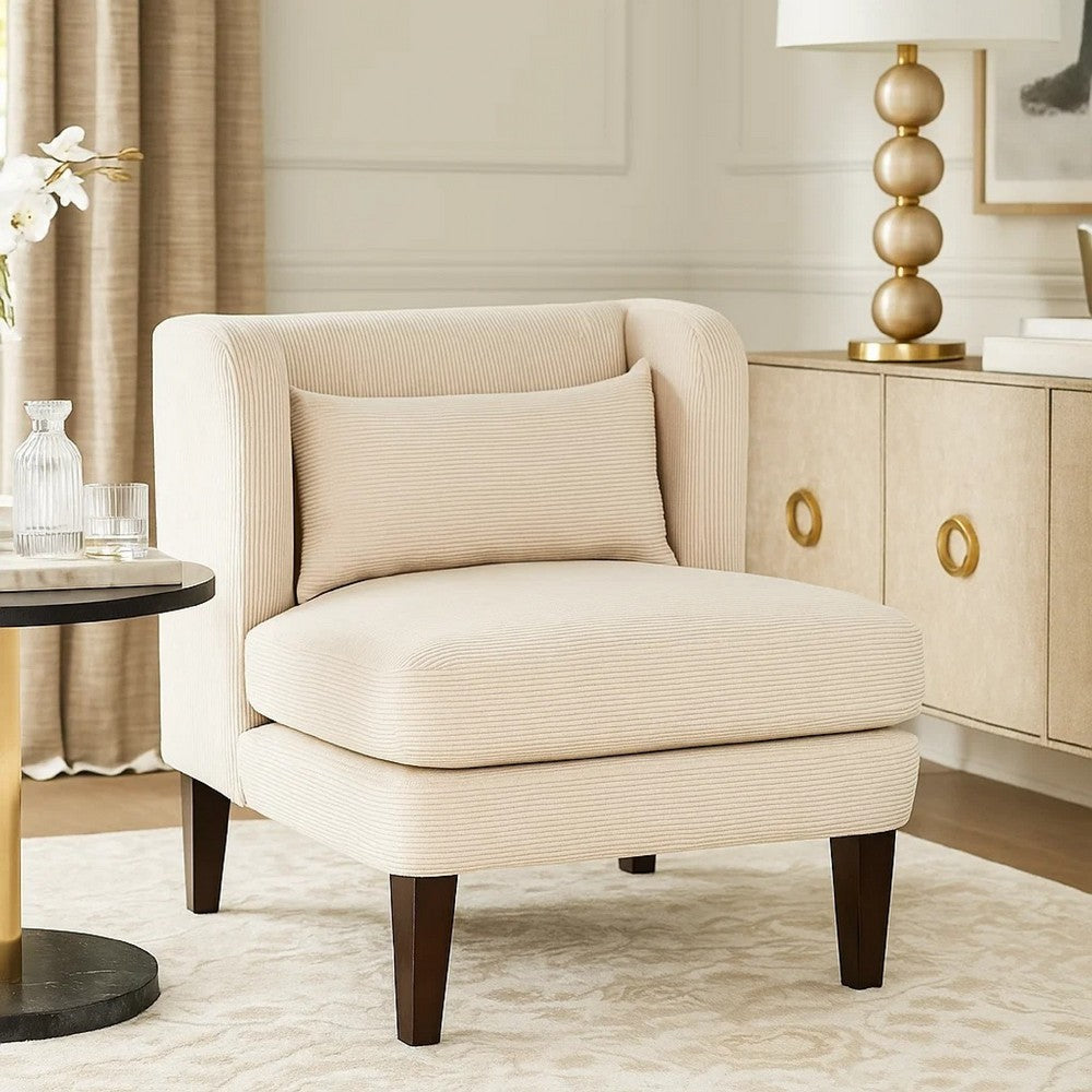 Benjara Feya Accent Chair w Lumbar Pillow, Channeled Beige Corduroy, Brown Legs
