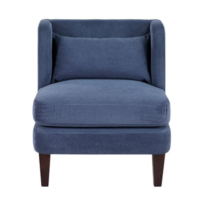 Benjara Feya Accent Chair w Lumbar Pillow, Channeled Blue Corduroy, Brown Legs