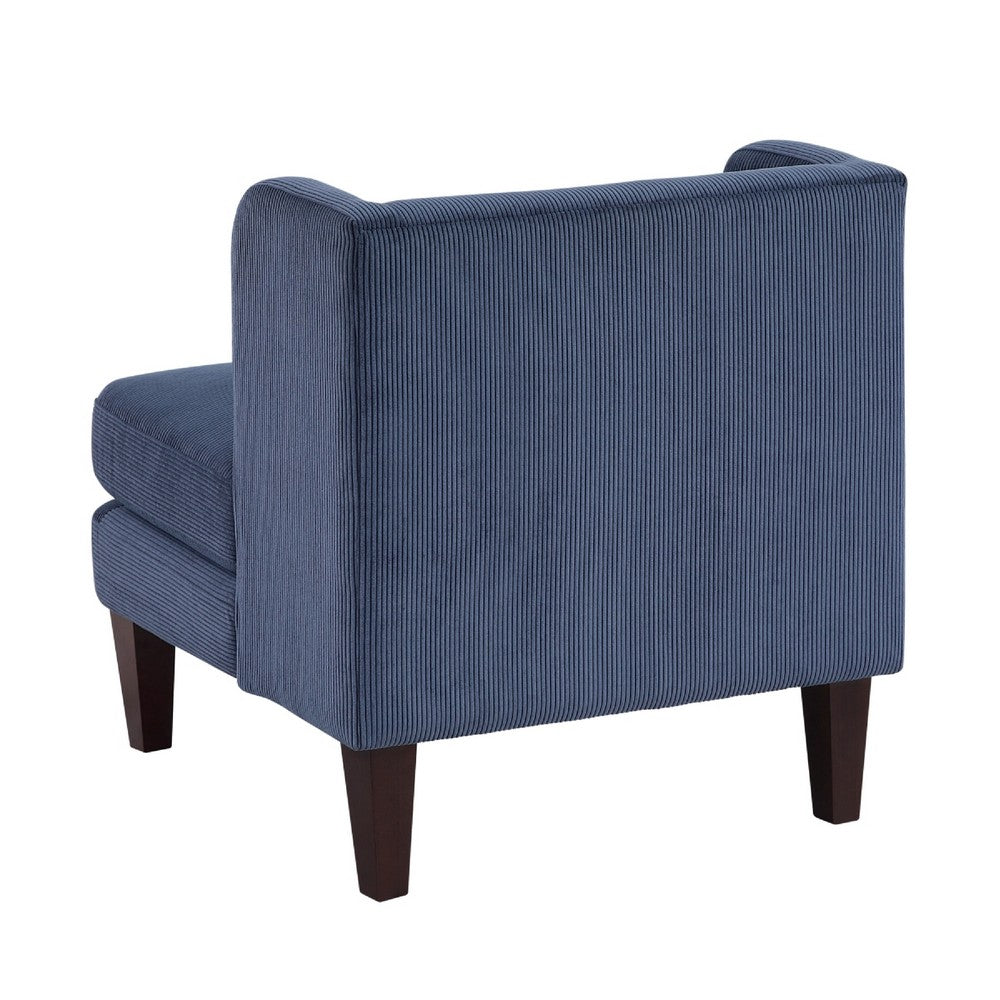 Benjara Feya Accent Chair w Lumbar Pillow, Channeled Blue Corduroy, Brown Legs