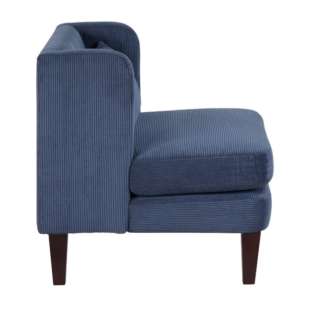 Benjara Feya Accent Chair w Lumbar Pillow, Channeled Blue Corduroy, Brown Legs