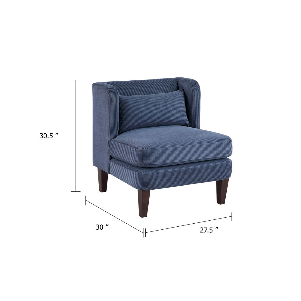 Benjara Feya Accent Chair w Lumbar Pillow, Channeled Blue Corduroy, Brown Legs