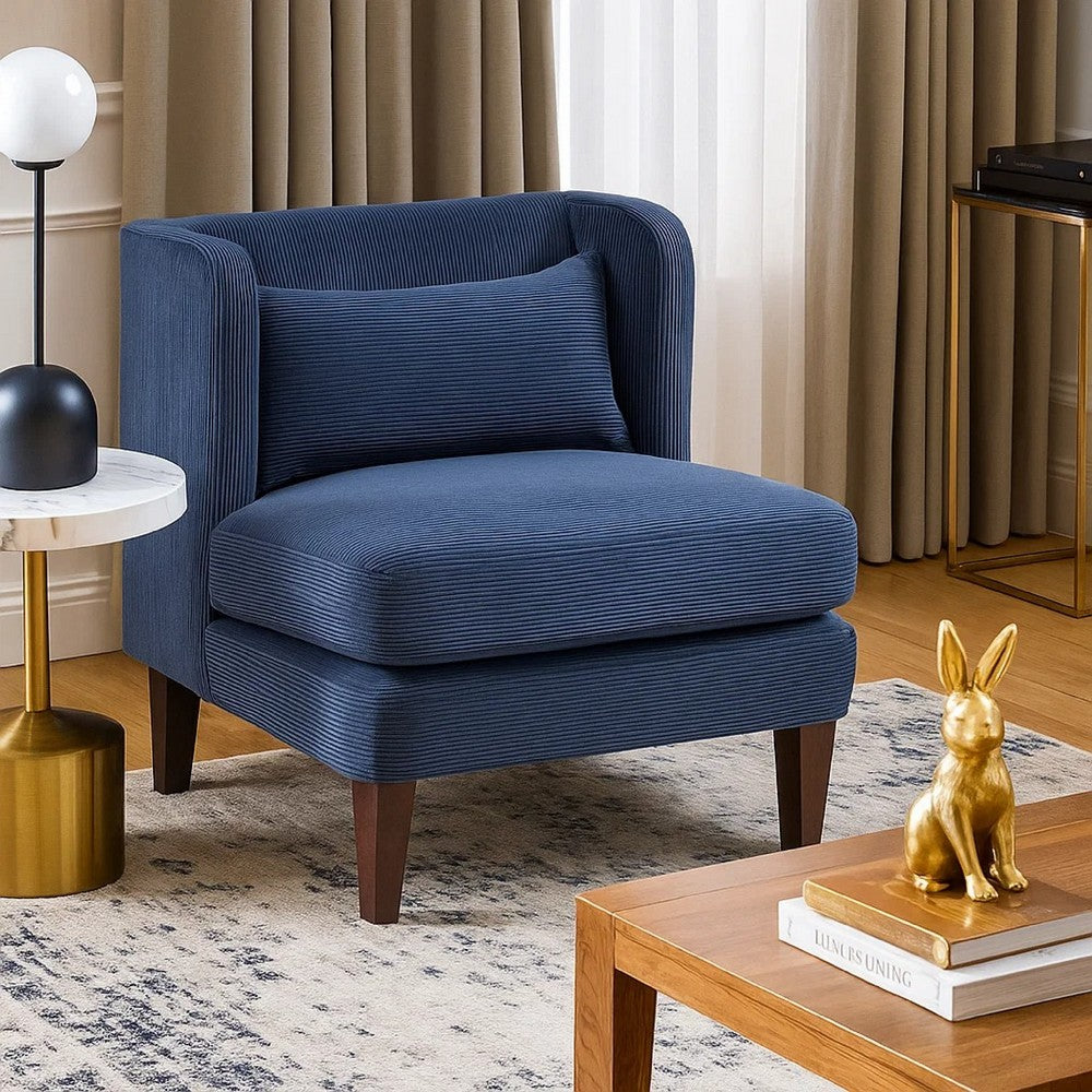 Benjara Feya Accent Chair w Lumbar Pillow, Channeled Blue Corduroy, Brown Legs