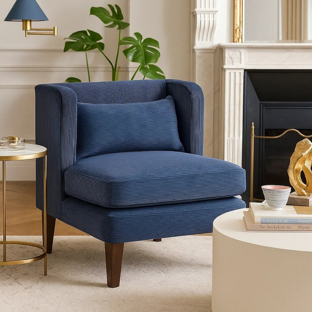 Benjara Feya Accent Chair w Lumbar Pillow, Channeled Blue Corduroy, Brown Legs