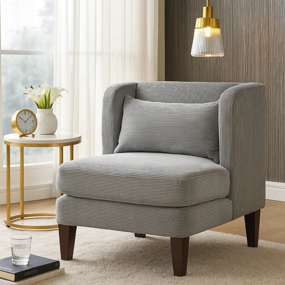 Benjara Feya Accent Chair w Pillow, Channeled Dark Gray Corduroy, Brown Legs
