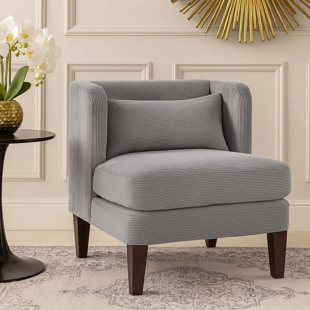 Benjara Feya Accent Chair w Pillow, Channeled Dark Gray Corduroy, Brown Legs