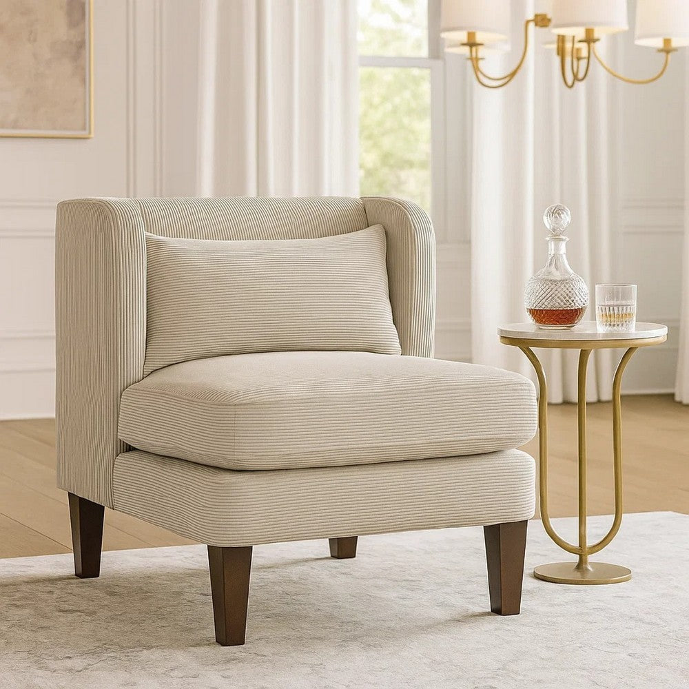 Benjara Feya Accent Chair w Pillow, Channeled Taupe Brown Corduroy, Brown Legs