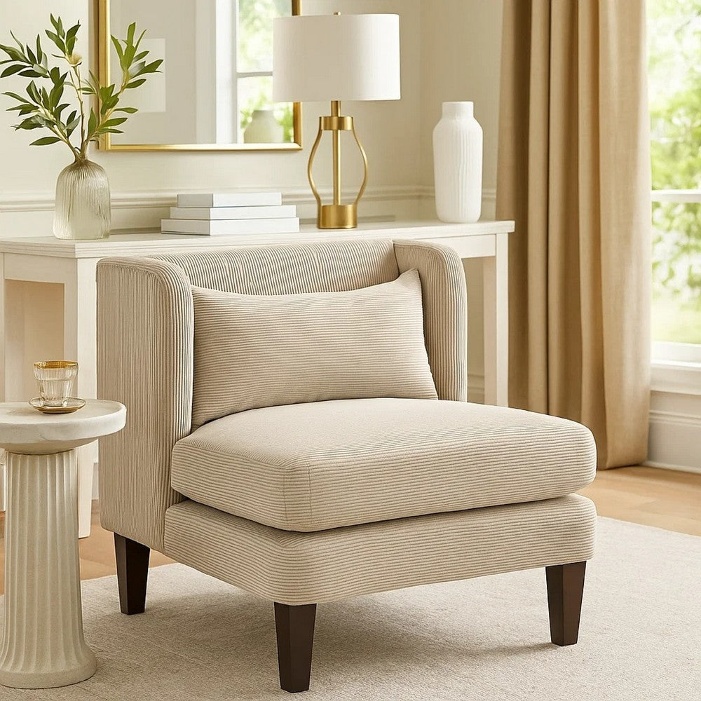 Benjara Feya Accent Chair w Pillow, Channeled Taupe Brown Corduroy, Brown Legs