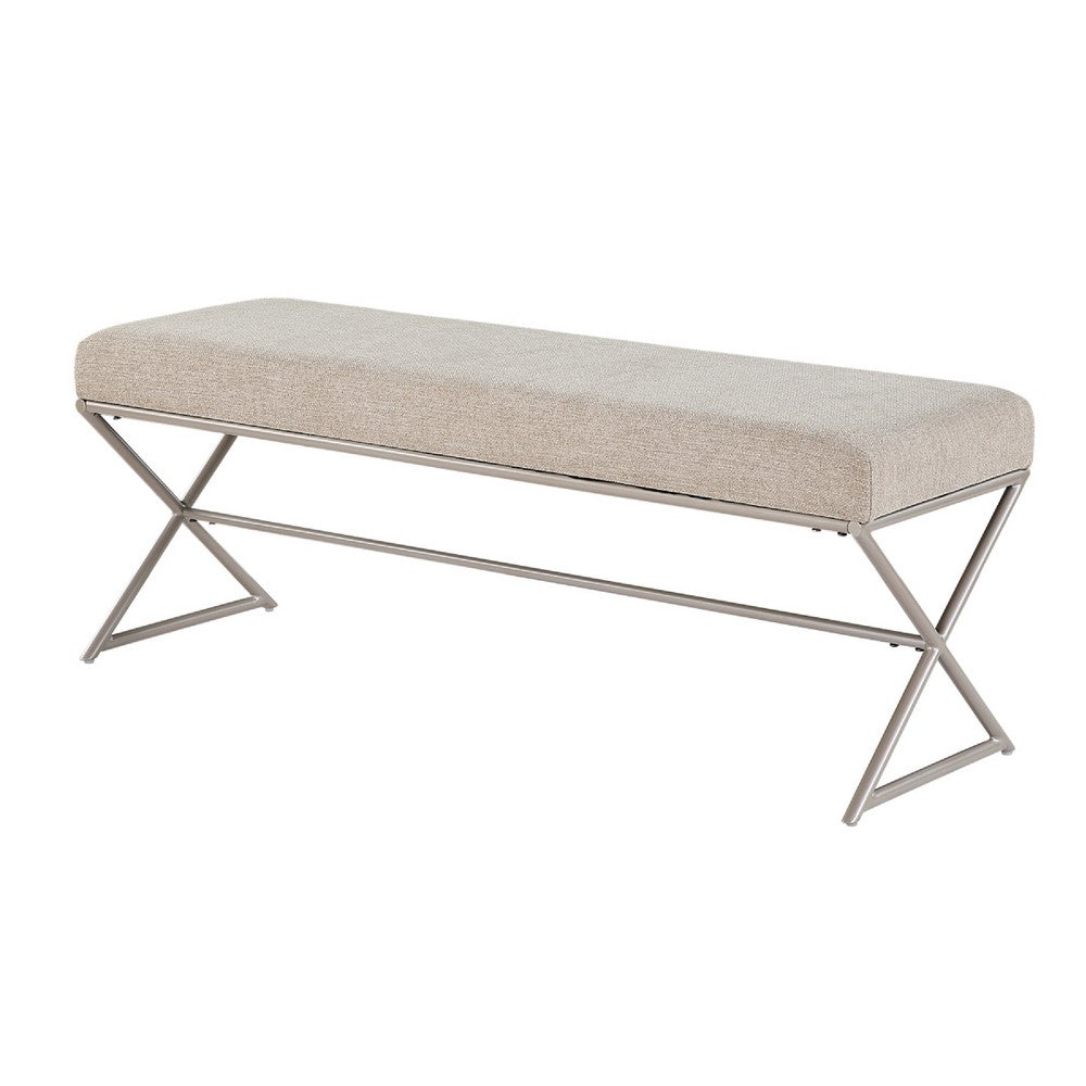 Benjara Welo Dining Bench, Taupe Chenille, X Champagne Gray Iron Base, 48 Inch