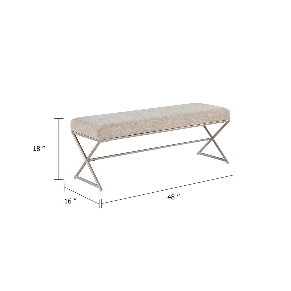 Benjara Welo Dining Bench, Taupe Chenille, X Champagne Gray Iron Base, 48 Inch