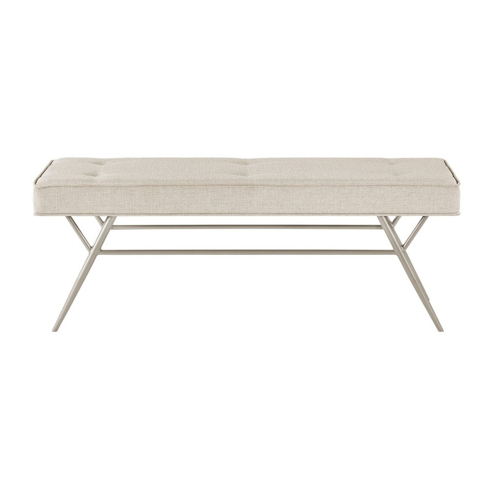 Benjara Wen Dining Bench, Beige Polyester, Champagne Gray Angled Base, 48 Inch