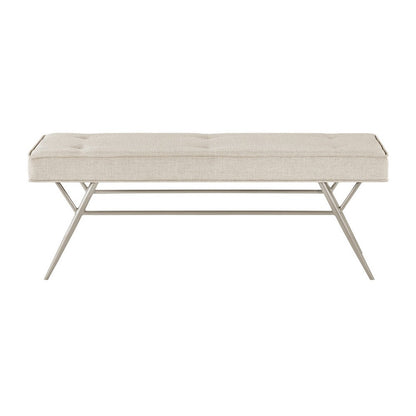 Benjara Wen Dining Bench, Beige Polyester, Champagne Gray Angled Base, 48 Inch