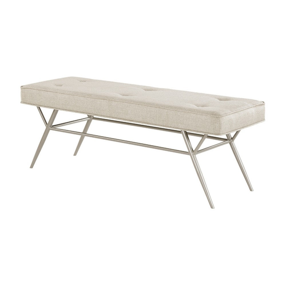 Benjara Wen Dining Bench, Beige Polyester, Champagne Gray Angled Base, 48 Inch