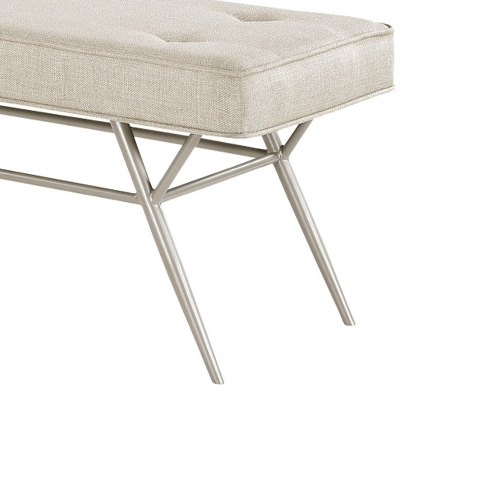 Benjara Wen Dining Bench, Beige Polyester, Champagne Gray Angled Base, 48 Inch