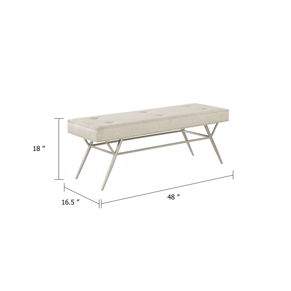 Benjara Wen Dining Bench, Beige Polyester, Champagne Gray Angled Base, 48 Inch