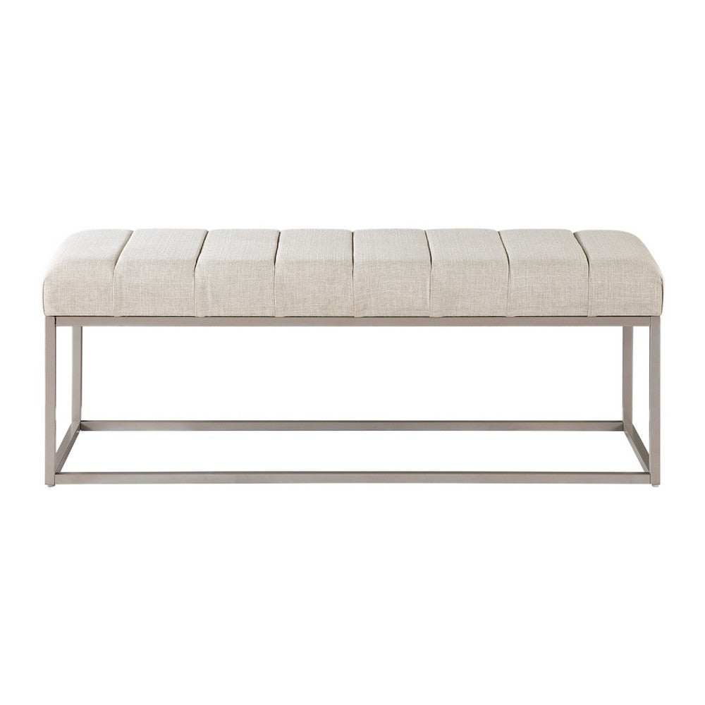 Benjara Mei Bench, Channel Tufted Beige Upholstery, 48 Inch Champagne Gray