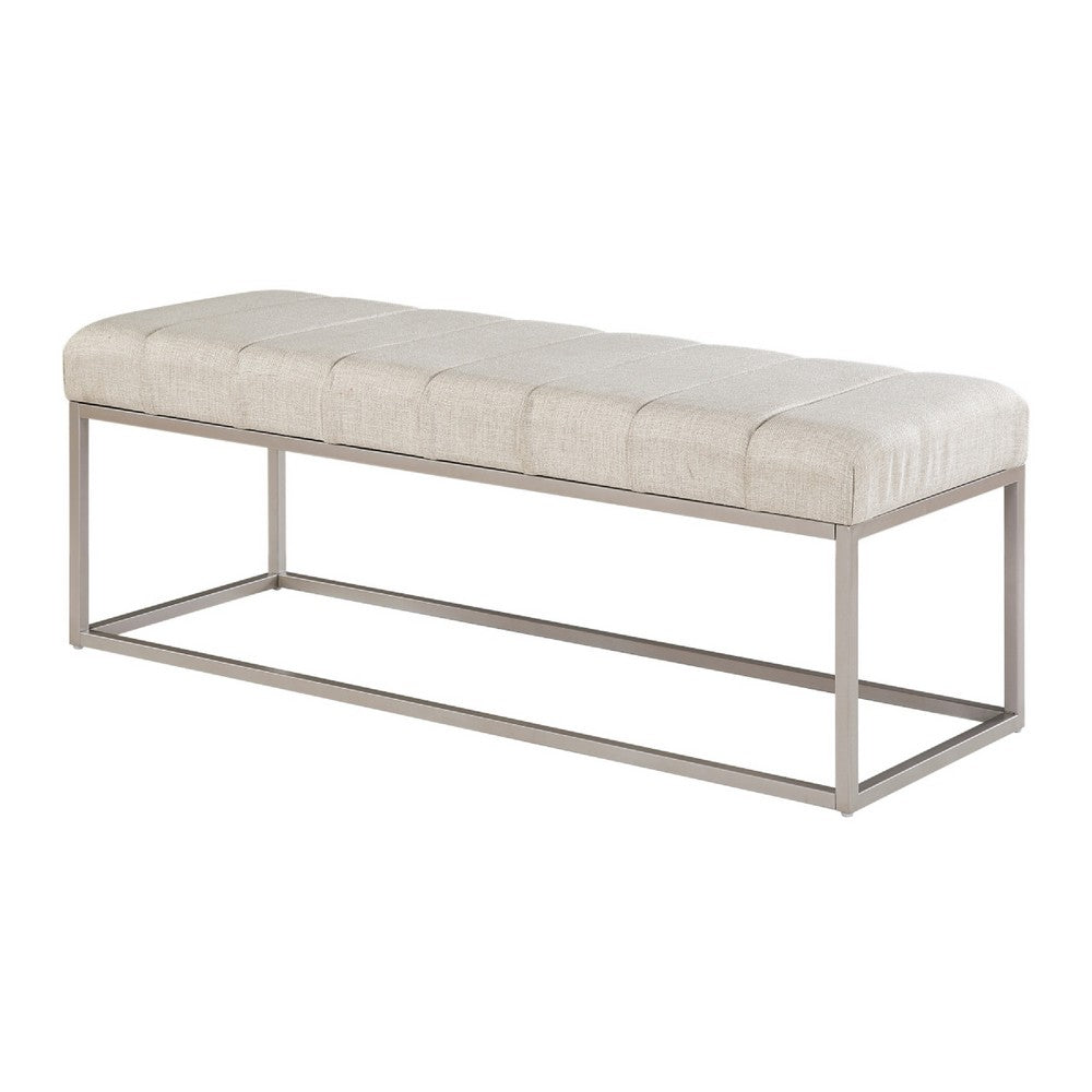Benjara Mei Bench, Channel Tufted Beige Upholstery, 48 Inch Champagne Gray