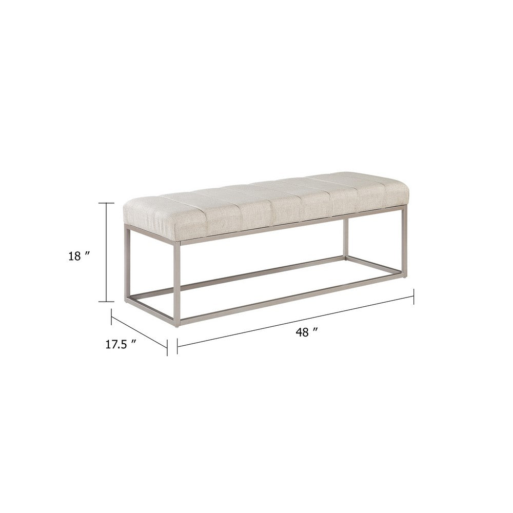 Benjara Mei Bench, Channel Tufted Beige Upholstery, 48 Inch Champagne Gray
