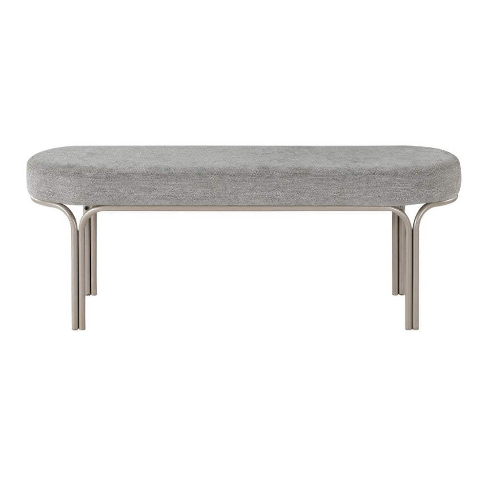 Benjara Welu Bench, 48 Inch Champagne Gray Metal And Chenille Upholstery