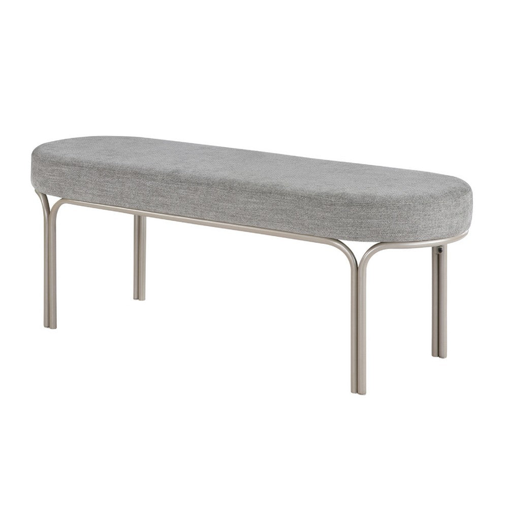 Benjara Welu Bench, 48 Inch Champagne Gray Metal And Chenille Upholstery