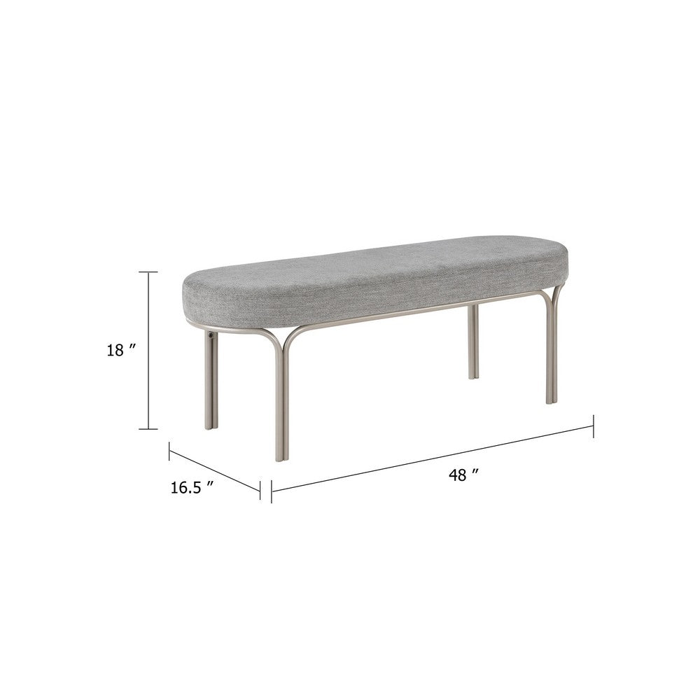 Benjara Welu Bench, 48 Inch Champagne Gray Metal And Chenille Upholstery