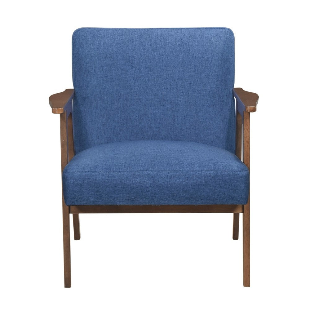 Benjara Cathy Accent Chair, Blue Polyester Cushions, Walnut Brown Rubberwood