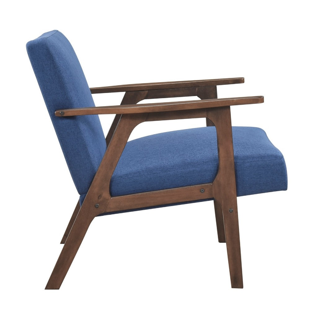 Benjara Cathy Accent Chair, Blue Polyester Cushions, Walnut Brown Rubberwood
