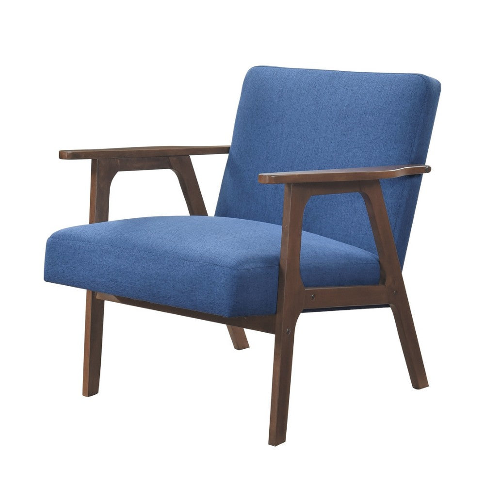 Benjara Cathy Accent Chair, Blue Polyester Cushions, Walnut Brown Rubberwood