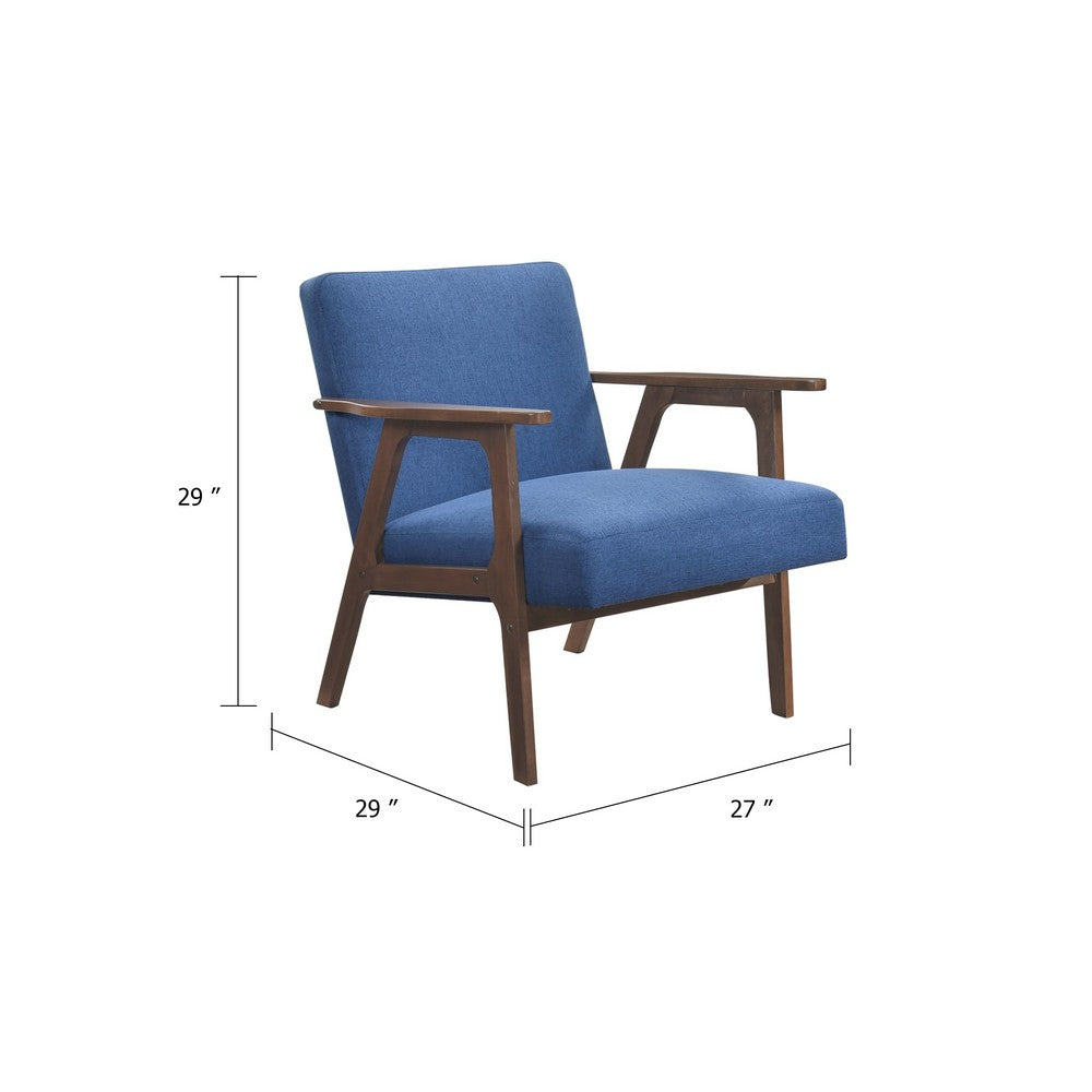 Benjara Cathy Accent Chair, Blue Polyester Cushions, Walnut Brown Rubberwood