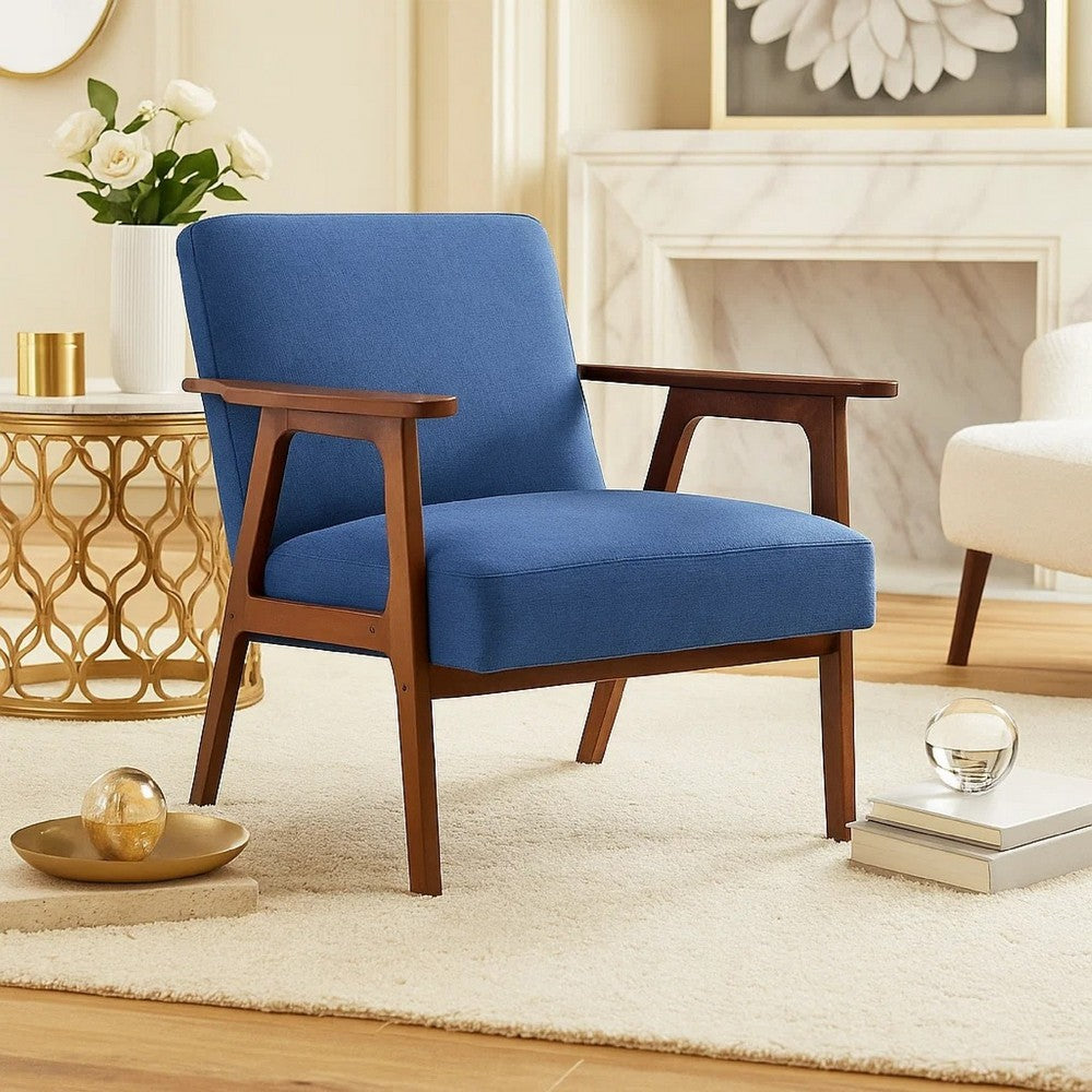 Benjara Cathy Accent Chair, Blue Polyester Cushions, Walnut Brown Rubberwood