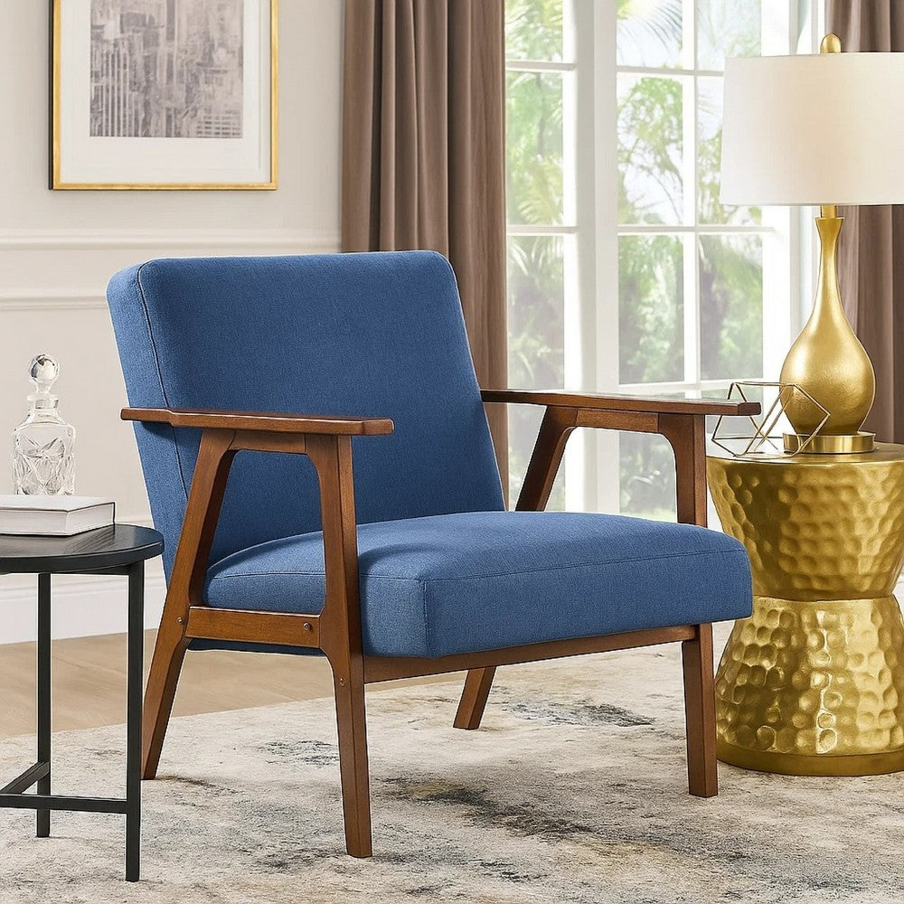 Benjara Cathy Accent Chair, Blue Polyester Cushions, Walnut Brown Rubberwood