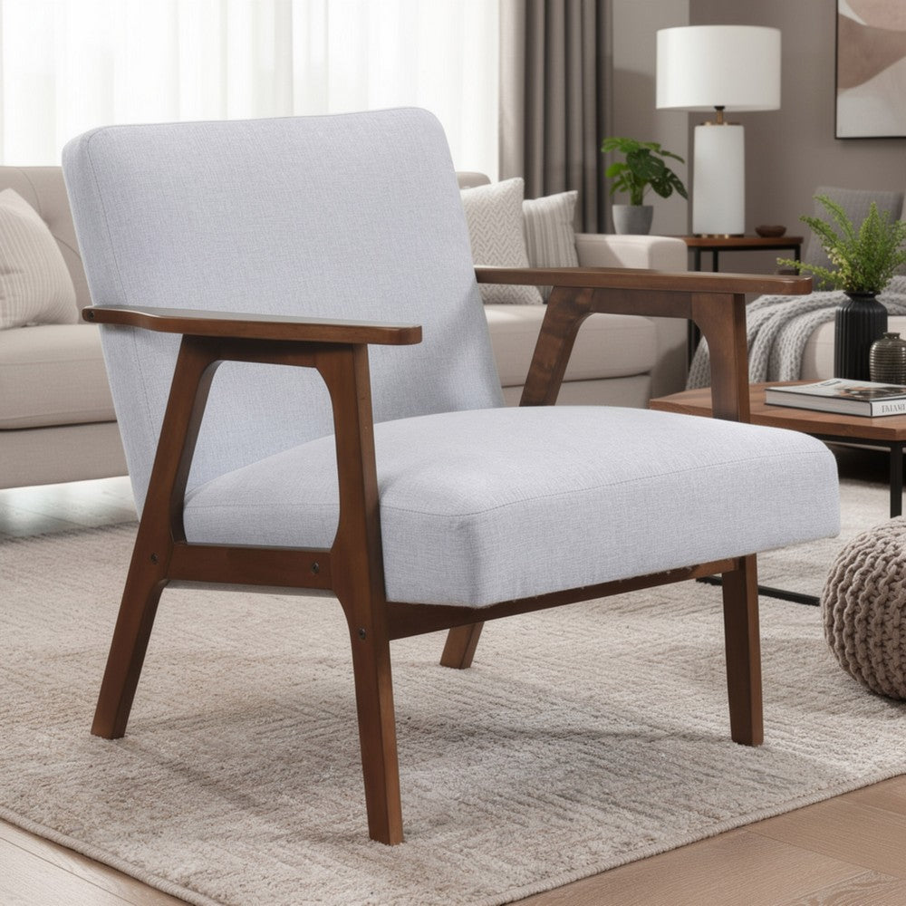Benjara Cathy Accent Chair, Gray Polyester Cushions, Walnut Brown Rubberwood