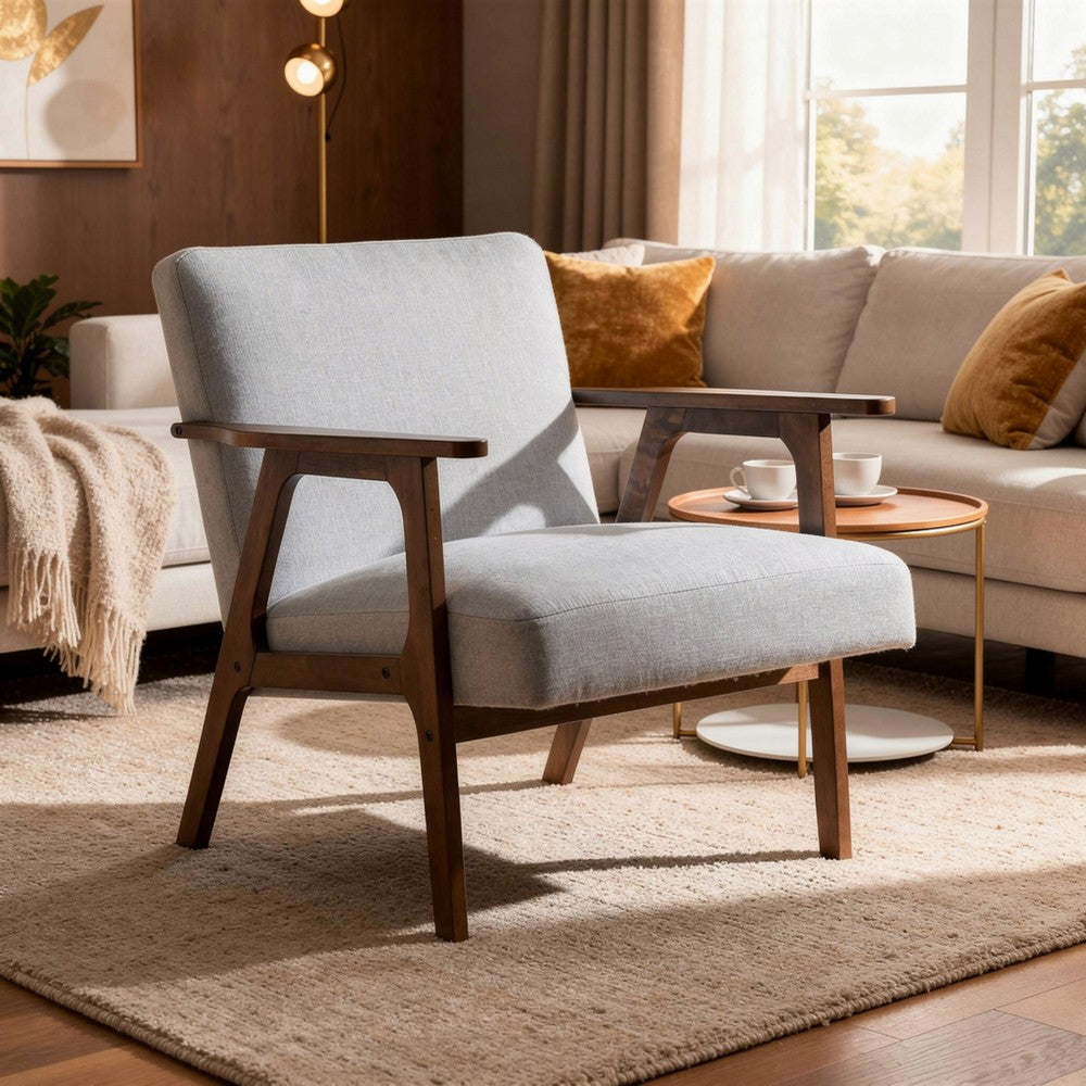 Benjara Cathy Accent Chair, Gray Polyester Cushions, Walnut Brown Rubberwood