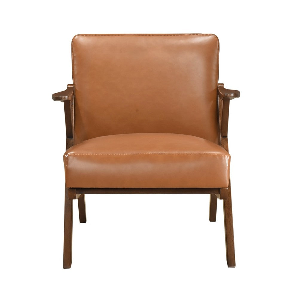 Benjara Gya Accent Chair, Faux Leather Upholstery, Walnut Brown Rubberwood
