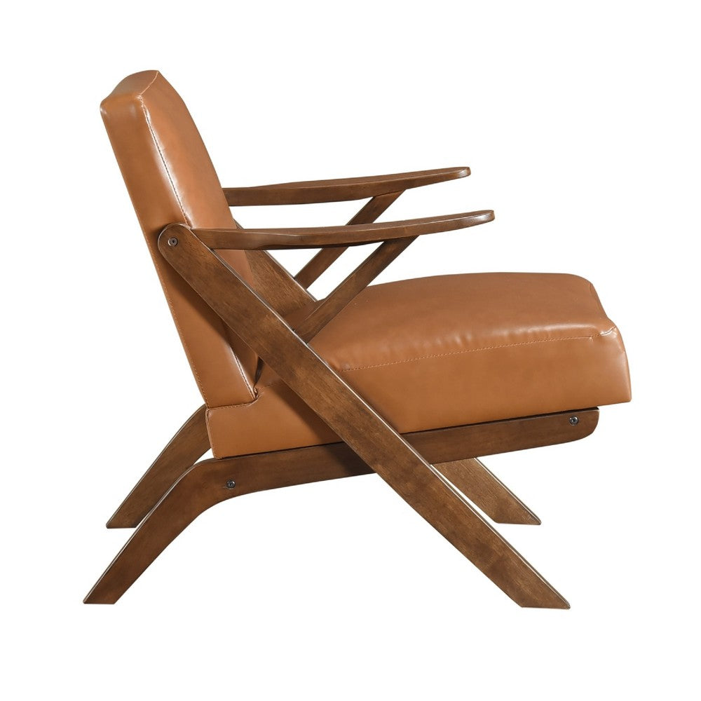 Benjara Gya Accent Chair, Faux Leather Upholstery, Walnut Brown Rubberwood