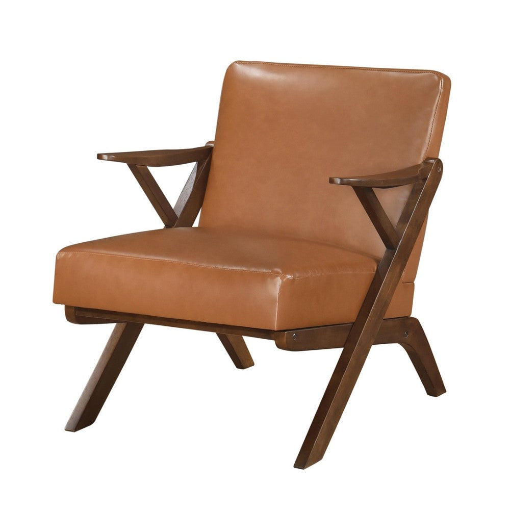 Benjara Gya Accent Chair, Faux Leather Upholstery, Walnut Brown Rubberwood