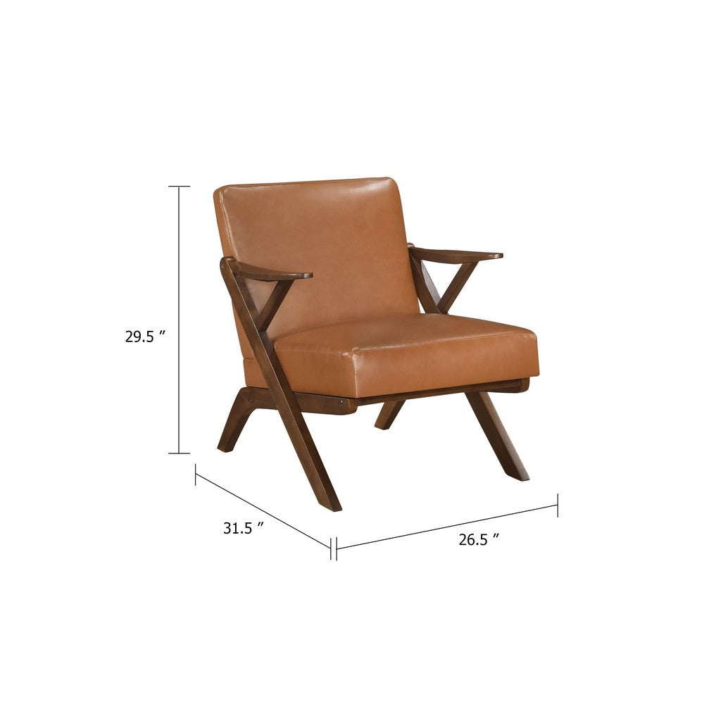 Benjara Gya Accent Chair, Faux Leather Upholstery, Walnut Brown Rubberwood