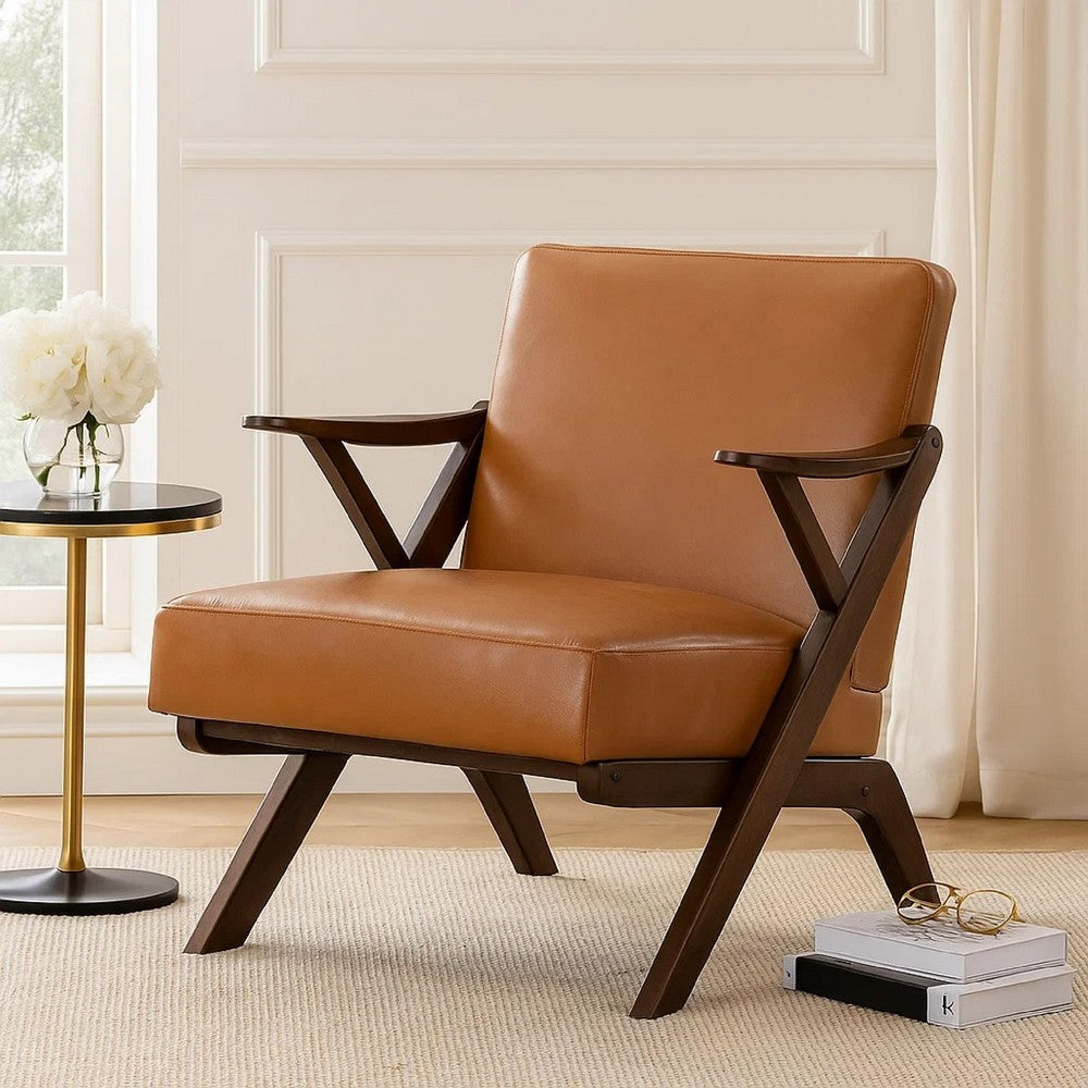 Benjara Gya Accent Chair, Faux Leather Upholstery, Walnut Brown Rubberwood