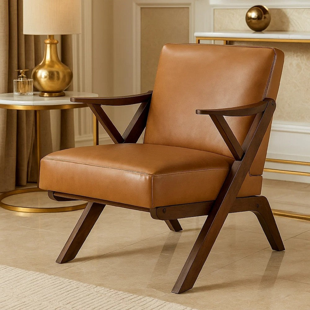 Benjara Gya Accent Chair, Faux Leather Upholstery, Walnut Brown Rubberwood